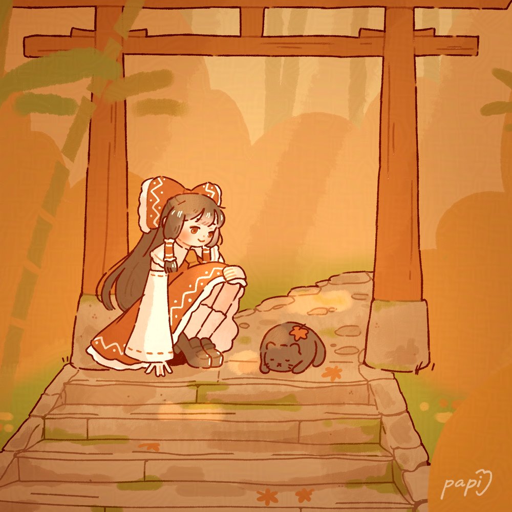 1girl, animal, ascot, autumn, autumn_leaves, bamboo, black_cat, blush