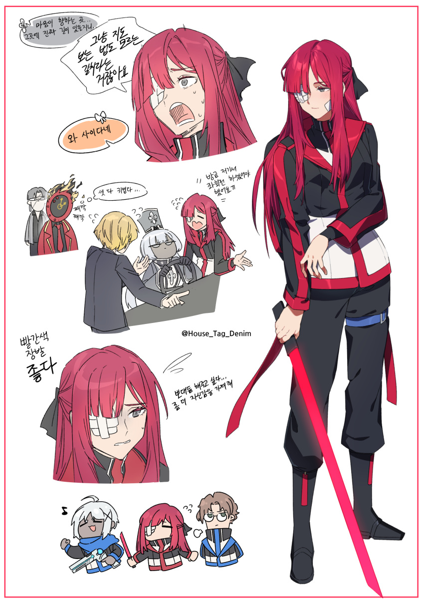 1other, 3boys, 3girls, absurdres, ahoge, arm_at_side, aya_(project_moon), bandage_on_face
