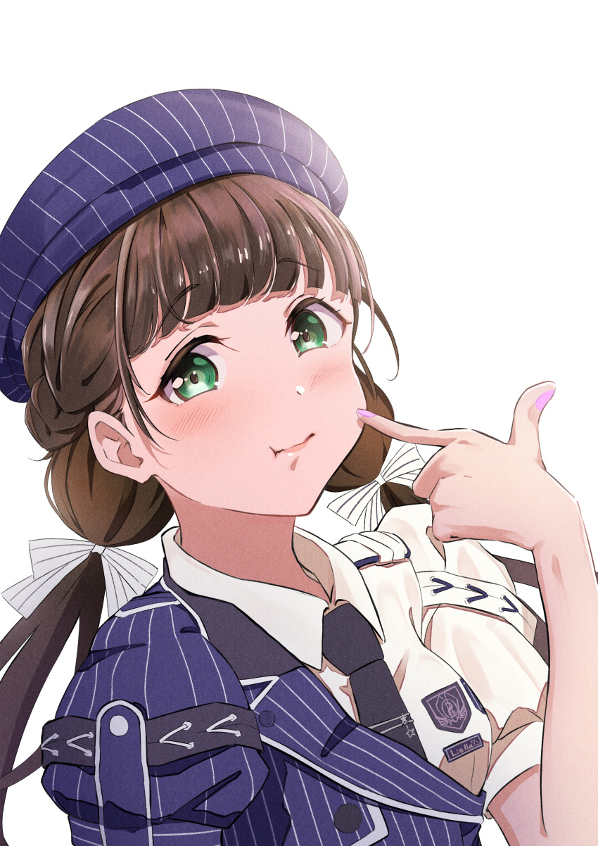 1girl, :t, absurdres, asymmetrical_jacket, black_necktie, blue_hat, blue_jacket, blush