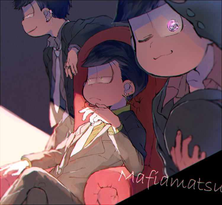3boys, ;3, alternate_costume, armchair, barbell_piercing, black_hair, black_jacket, black_pants