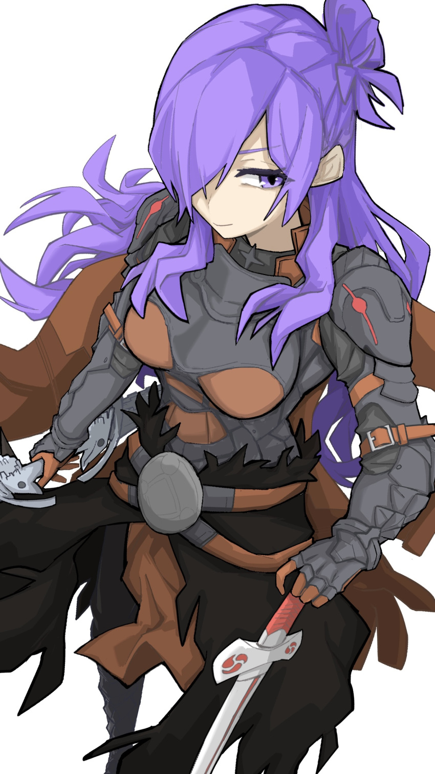 1girl, aaaakunaaaa, absurdres, armor, breastplate, closed_mouth, commentary_request, dual_wielding, fire_emblem, fire_emblem:_three_houses, fire_emblem_heroes, fire_emblem_warriors:_three_hopes, gauntlets, hair_bun, hair_over_one_eye, highres, holding, long_hair, looking_at_viewer, official_alternate_costume, one_eye_covered, planted, planted_sword, ponytail, purple_hair, shez_(female)_(fire_emblem), shez_(fire_emblem), simple_background, single_hair_bun, smile, solo, sword, very_long_hair, violet_eyes, weapon, white_background