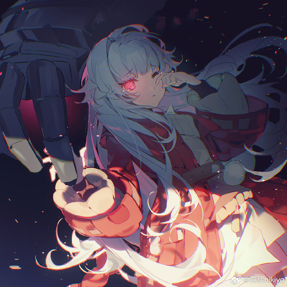 1girl, 1other, :<, arm_up, brown_sweater, clara_(honkai:_star_rail), coat, commentary_request