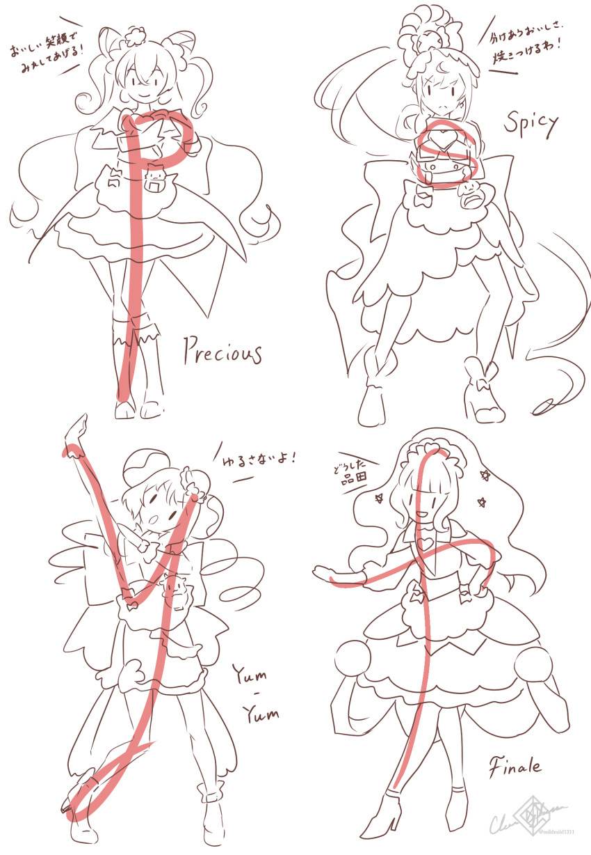 4girls, arm_up, artist_logo, back_bow, blunt_bangs, bow, bun_cover, character_name