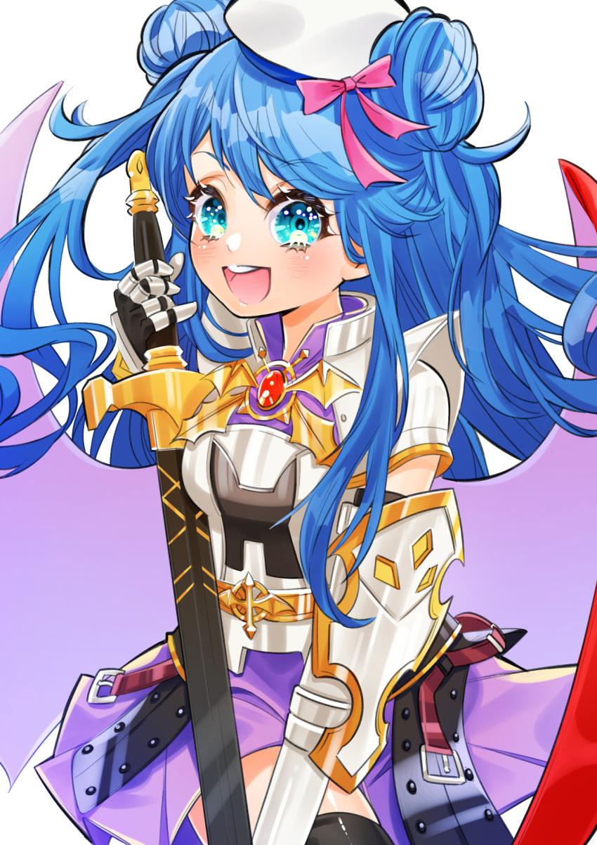 1girl, :d, armor, black_gloves, black_thighhighs, blue_eyes, blue_hair, blush