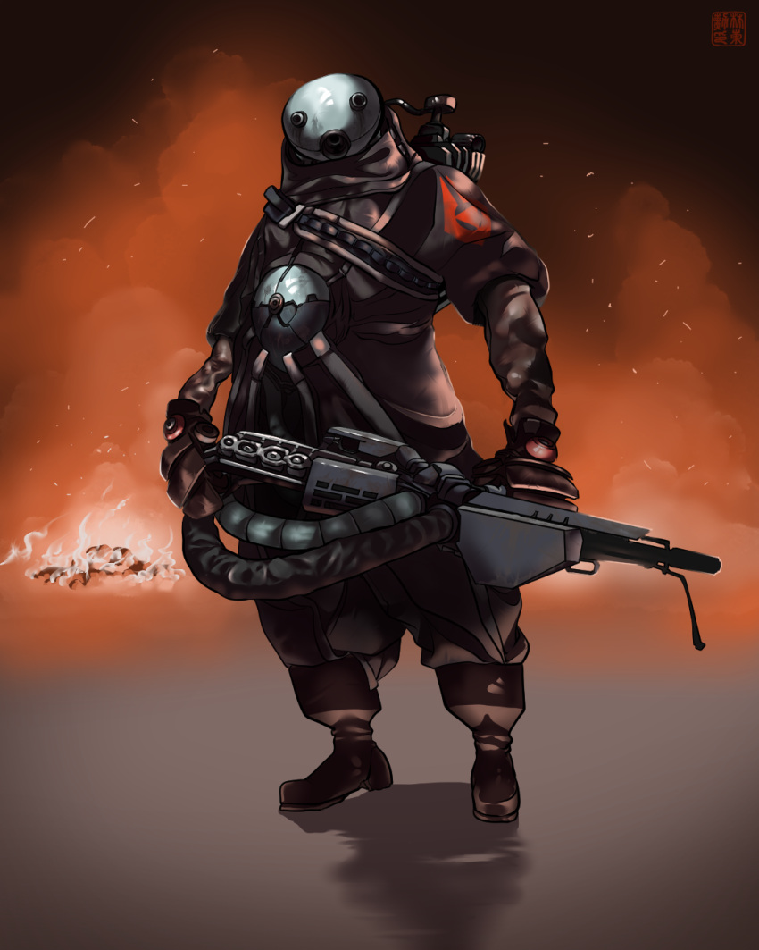 1other, burning, cremator_(half-life), cyborg, fire, flamethrower, full_body, gas_tank, half-life_(series), highres, holding_flamethrower, lart173, oxygen_tank, shaded_face, shadow, solo, weapon