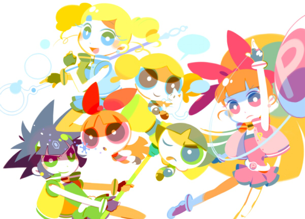 6+girls, akazutsumi_momoko, black_hair, blonde_hair, blossom_(ppg), blue_eyes, bubble, bubble_blowing