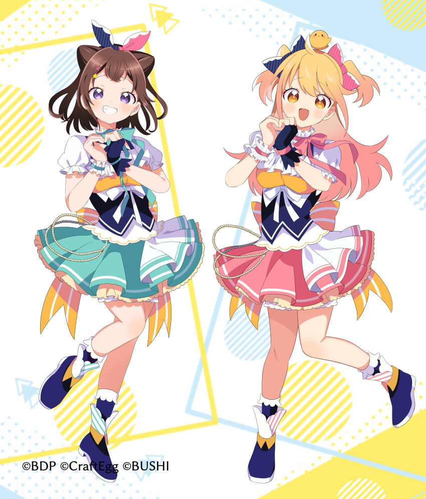 2girls, :d, absurdres, aqua_bow, aqua_skirt, bang_dream!, blonde_hair, blue_footwear