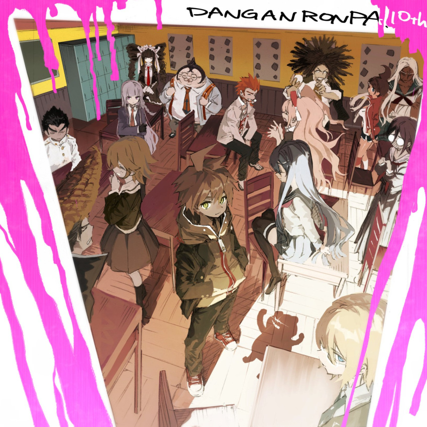 6+boys, 6+girls, ^_^, ahoge, anniversary, asahina_aoi, backpack, bag, bare_arms, beard, big_hair, black_coat, black_footwear, black_gloves, black_hair, black_jacket, black_necktie, black_pants, black_shorts, black_skirt, black_socks, black_thighhighs, blazer, blonde_hair, blood, blood_drip, blue_eyes, blue_jacket, blue_sailor_collar, blue_skirt, bow, bowtie, braid, breasts, brown_footwear, brown_hair, brown_pants, brown_skirt, buttons, celestia_ludenberg, chain, chain_necklace, chair, classroom, clenched_teeth, closed_eyes, closed_mouth, coat, coat_on_shoulders, collared_coat, collared_shirt, commentary_request, copyright_name, crossdressing, crystal_ball, danganronpa:_trigger_happy_havoc, danganronpa_(series), dark-skinned_female, dark_skin, denim, desk, dreadlocks, drill_hair, enoshima_junko, everyone, expressionless, facial_hair, fat, flame_print, frilled_hairband, frilled_skirt, frills, frown, fujisaki_chihiro, fukawa_toko, full_body, glasses, gloves, goatee, gothic_lolita, green_eyes, green_jacket, grin, hagakure_yasuhiro, hair_between_eyes, hair_bow, hair_ornament, hairband, hairclip, hands_in_pockets, hands_on_lap, happy, high_collar, high_ponytail, highres, holding, holding_bag, holding_orb, holding_own_arm, hood, hood_down, hooded_jacket, indoors, ishimaru_kiyotaka, jacket, jeans, jewelry, kirigiri_kyoko, kneehighs, kuwata_leon, locker, lolita_fashion, lolita_hairband, long_hair, long_skirt, looking_at_viewer, maizono_sayaka, miniskirt, monokuma, multicolored_hair, multiple_boys, multiple_girls, muscular, muscular_female, naegi_makoto, neck_ribbon, necklace, necktie, ogami_sakura, on_chair, opaque_glasses, open_clothes, open_coat, open_jacket, orange_bag, orange_necktie, otoko_no_ko, outstretched_hand, owada_mondo, own_hands_together, pale_skin, pants, pink_blood, pink_bow, pink_bowtie, pleated_skirt, pompadour, purple_hair, purple_jacket, purple_serafuku, purple_shirt, purple_skirt, red_bow, red_footwear, red_jacket, red_necktie, redhead, ribbon, round_eyewear, sailor_collar, sasami_(ki), school_chair, school_desk, school_uniform, serafuku, shadow, shirt, shoes, short_hair, short_shorts, shorts, single_braid, sitting, skirt, skirt_set, sleeveless, sleeveless_shirt, smile, sneakers, socks, spiky_hair, standing, straight_hair, talking, teeth, thick_eyebrows, thigh-highs, tied_beard, togami_byakuya, track_jacket, twin_drills, twintails, two-tone_bow, two-tone_hair, updo, v-shaped_eyebrows, very_long_hair, violet_eyes, white-framed_eyewear, white_bow, white_footwear, white_hair, white_hairband, white_jacket, white_ribbon, white_sailor_collar, white_shirt, window, wooden_floor, yamada_hifumi, zipper, zipper_pull_tab