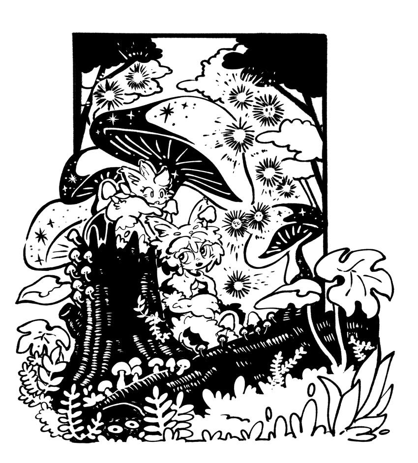 1girl, absurdres, animal_ears, bush, commentary_request, commission, fallen_tree, fang, fern, forest, fox, fox_ears, fox_girl, grass, greyscale, highres, log, looking_to_the_side, monochrome, moonlight_flower, mushroom, nature, open_mouth, plant, polyester_putty, ragnarok_online, second-party_source, short_hair, skeb_commission, skin_fang, smile, tree, upper_body