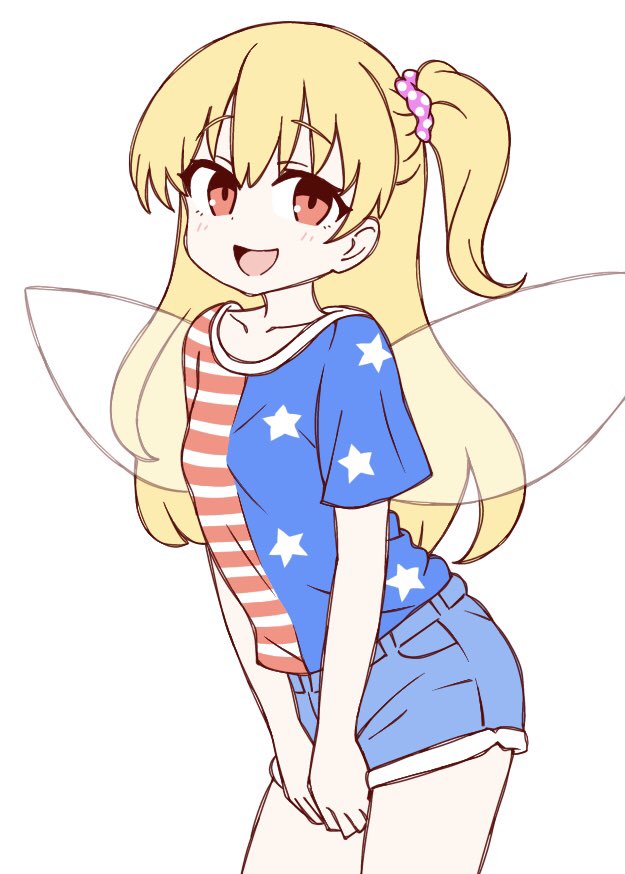 1girl, :d, alternate_hairstyle, american_flag, american_flag_print, american_flag_shirt, blonde_hair, blue_shorts, clownpiece, commentary, cowboy_shot, flag_print, leaning_forward, long_hair, looking_at_viewer, no_headwear, one_side_up, onkn_sxkn, open_mouth, print_shirt, red_eyes, shirt, short_sleeves, shorts, simple_background, smile, solo, star_(symbol), star_print, touhou, white_background, wings
