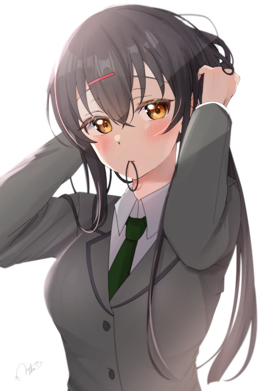 1girl, absurdres, akamine_ten, black_hair, breasts, commentary, crossed_bangs, green_necktie