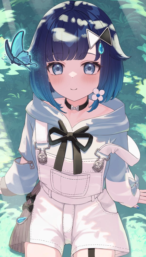 1girl, black_choker, blue_butterfly, blue_eyes, blue_hair, blue_hoodie, blue_nails, blush
