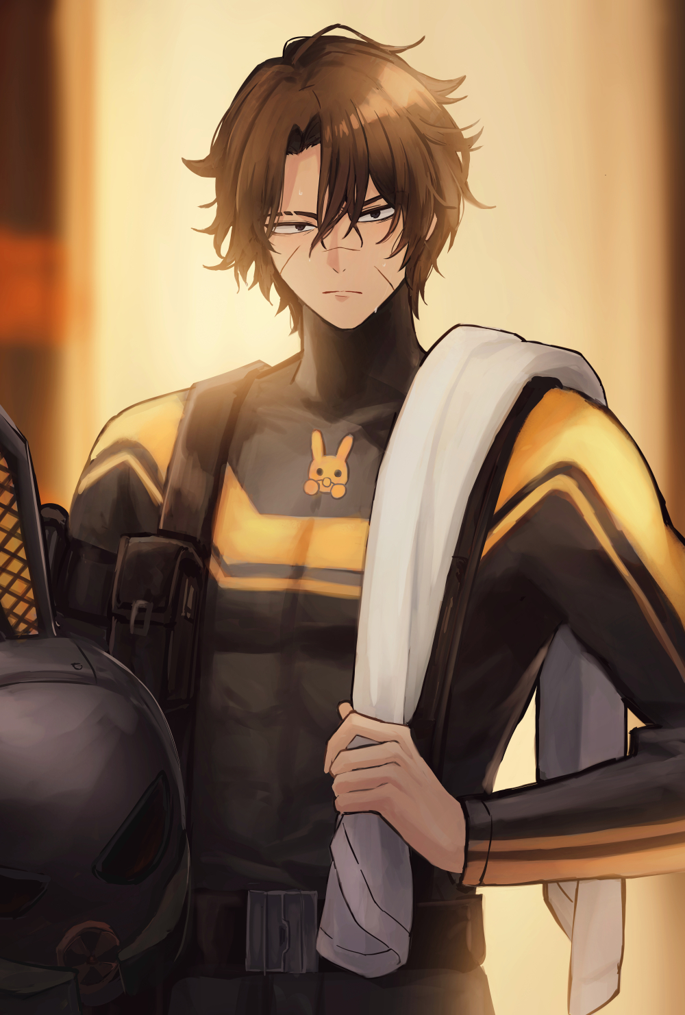 1boy, belt, black_belt, black_bodysuit, bodysuit, brown_hair, closed_mouth, cowboy_shot, heathcliff_(project_moon), helmet, highres, holding, holding_helmet, holding_towel, konoeda, limbus_company, long_sleeves, looking_at_viewer, parted_bangs, pouch, project_moon, r_corp._(identity)_(project_moon), solo, suspenders, towel, violet_eyes
