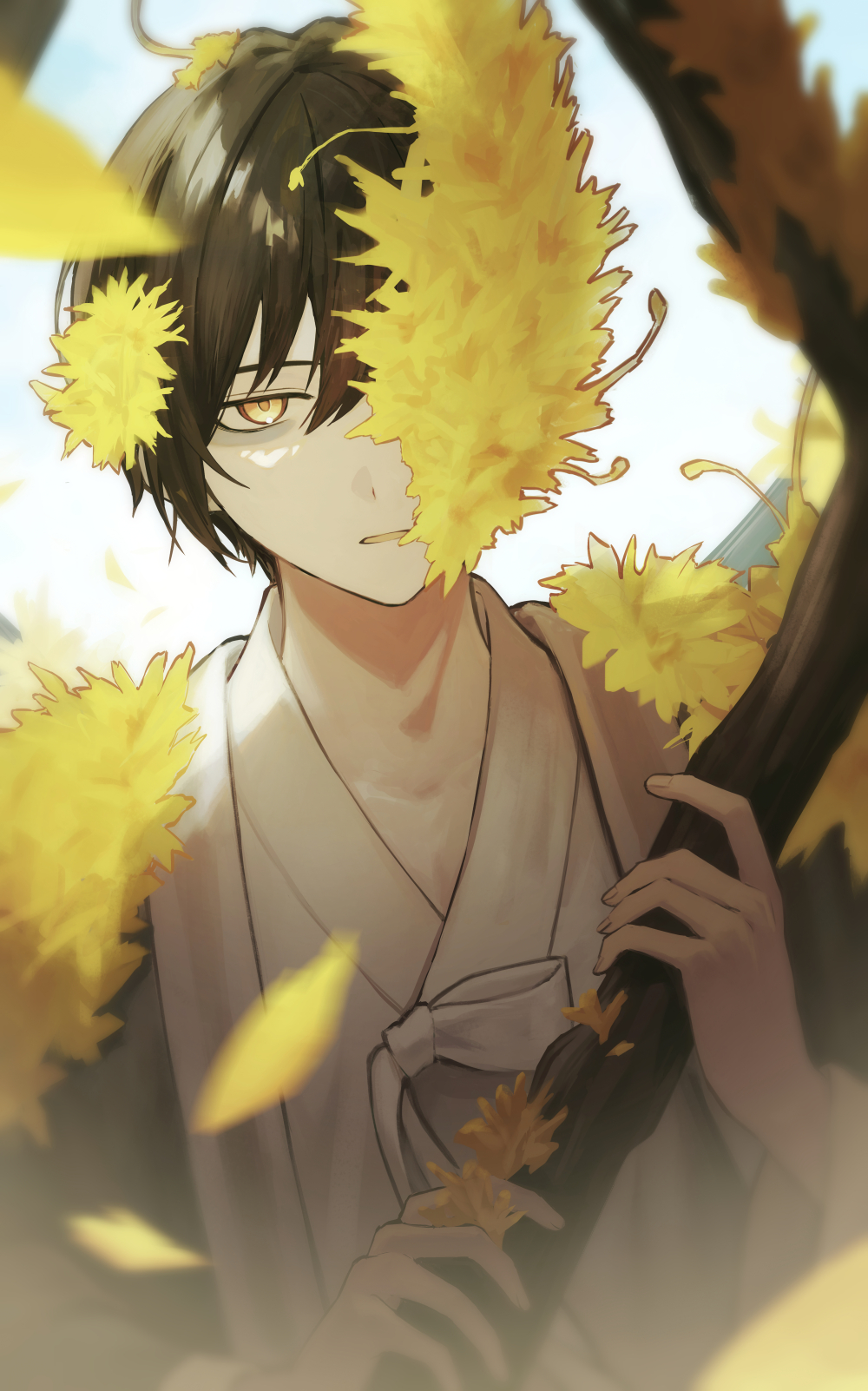 1boy, black_coat, black_hair, branch, coat, e.g.o_(project_moon), flower, hand_up