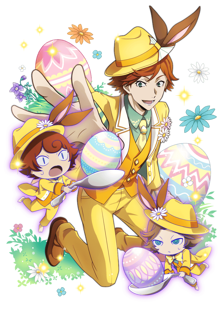 3boys, animal_ear_headwear, animal_ears, aqua_flower, bow, bowtie, brown_footwear, brown_hair, bungou_stray_dogs, collared_shirt, easter, easter_egg, egg, fake_animal_ears, flower, green_eyes, green_shirt, hat, hat_flower, holding, holding_spoon, huck_finn_(bungou_stray_dogs), jacket, long_sleeves, lower_teeth_only, male_focus, mark_twain_(bungou_stray_dogs), multiple_boys, necktie, official_art, open_mouth, orange_flower, orange_hair, orange_vest, outstretched_hand, pants, rabbit_ears, shirt, shoes, short_hair, smile, sparkle, spoon, suit, sweatdrop, teeth, third-party_source, tom_sawyer_(bungou_stray_dogs), transparent_background, vest, white_flower, yellow_bow, yellow_bowtie, yellow_hat, yellow_jacket, yellow_necktie, yellow_pants