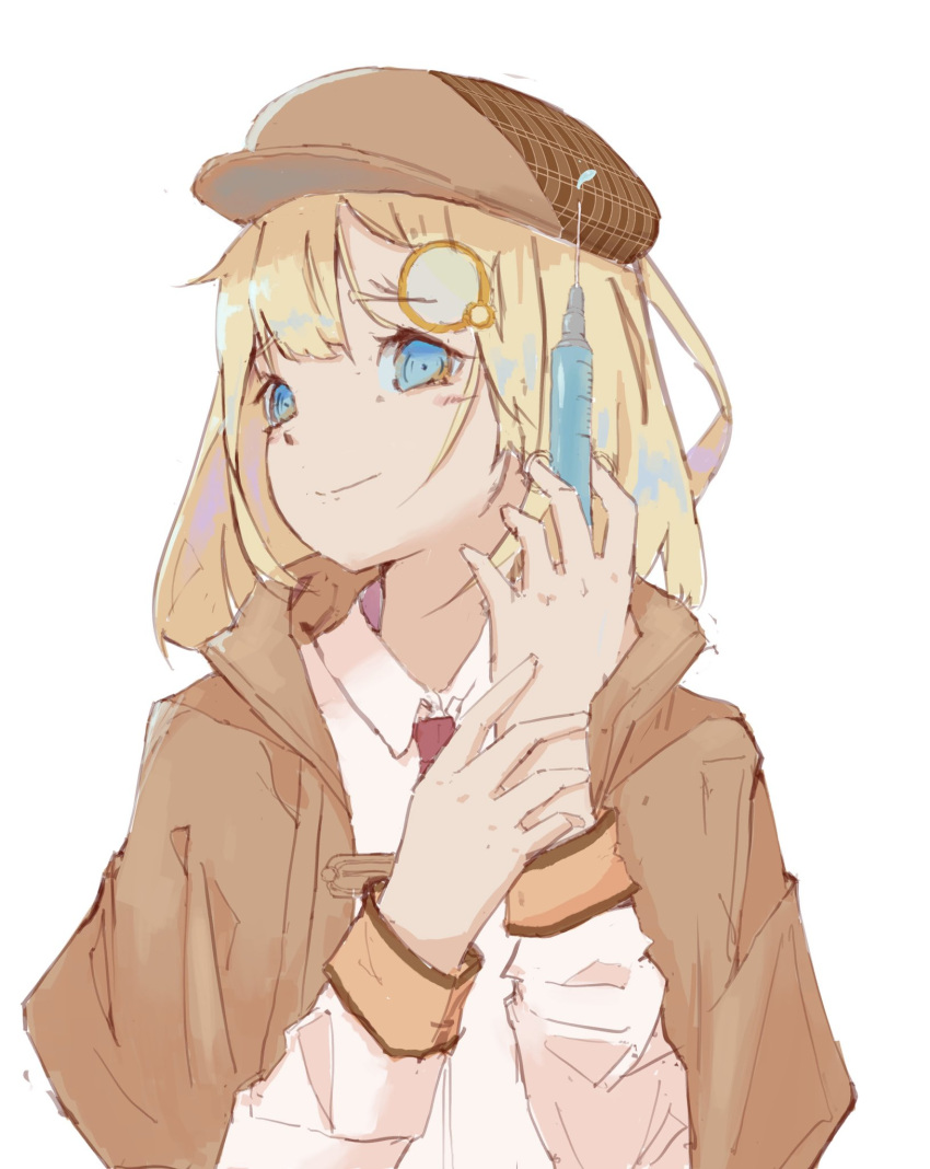 1girl, blonde_hair, blue_eyes, blush, bob_cut, brianlee709, brown_hat, brown_jacket, collared_shirt, commentary, deerstalker, dress_shirt, hair_ornament, hashtag-only_commentary, hat, highres, holding, holding_syringe, hololive, hololive_english, jacket, long_hair, long_sleeves, looking_at_viewer, monocle, necktie, open_clothes, open_jacket, red_necktie, shirt, short_necktie, simple_background, smile, solo, syringe, turning_head, upper_body, virtual_youtuber, watson_amelia, watson_amelia_(1st_costume), white_background, white_shirt