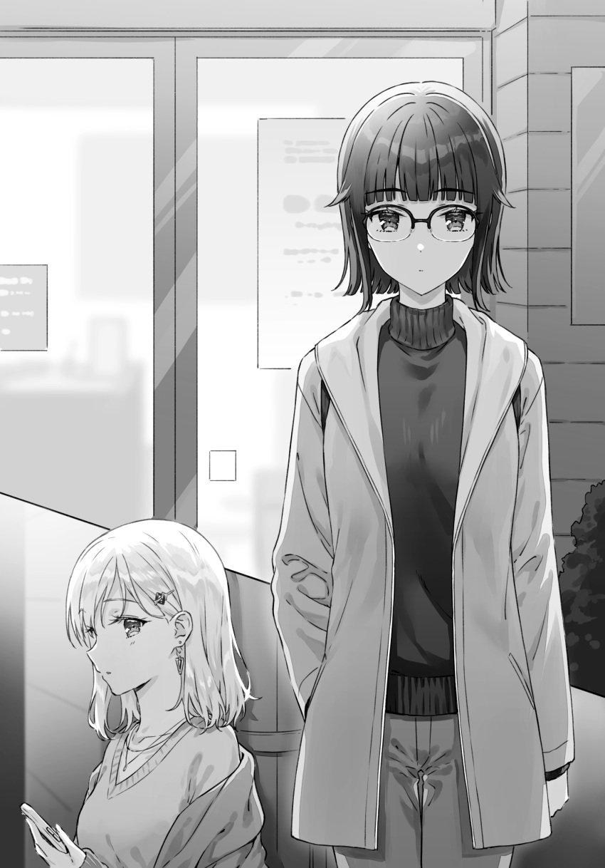 2girls, ayase_saki, collarbone, commentary_request, cowboy_shot, earrings, fujinami_kaho, gimai_seikatsu