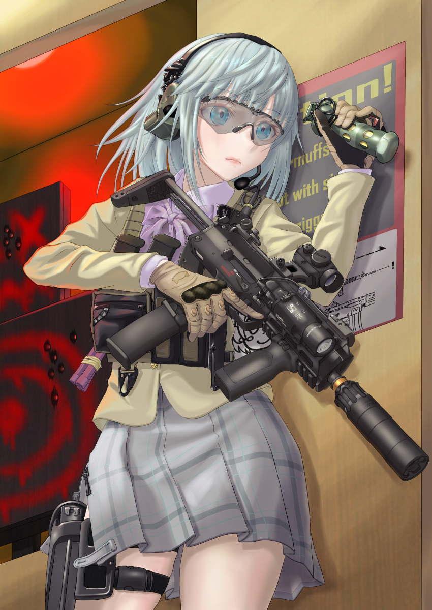 1girl, absurdres, blue_eyes, blue_hair, bulletproof_vest, closed_mouth, explosive, gloves