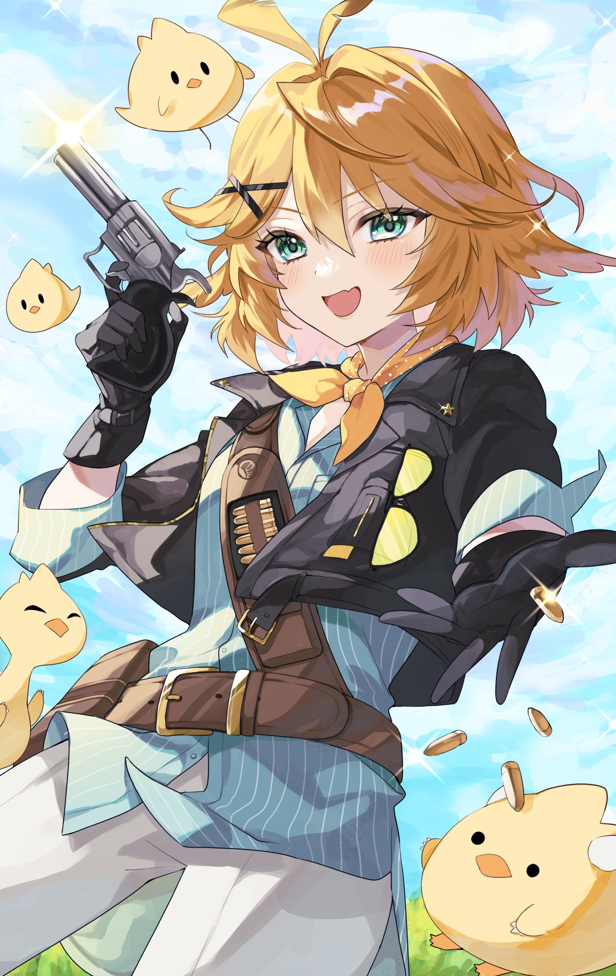 1girl, :d, ahoge, akigashi_i, aqua_shirt, belt, black_gloves, black_jacket, blonde_hair, blue_eyes, cartridge, clouds, cowboy_shot, day, dokibird_(vtuber), dokibird_(vtuber)_(bounty_hunter), dragoon_(dokibird), gloves, gun, hair_ornament, hairclip, highres, holding, holding_weapon, indie_virtual_youtuber, jacket, medium_hair, neckerchief, open_clothes, open_jacket, open_mouth, orange_neckerchief, outdoors, pants, revolver, shirt, sky, smile, solo, untucked_shirt, virtual_youtuber, weapon, white_pants