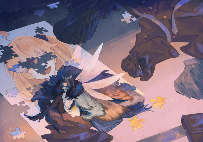 001e43_ee7800, 1boy, 1girl, absurdres, ahoge, black_hair, black_pants, boots