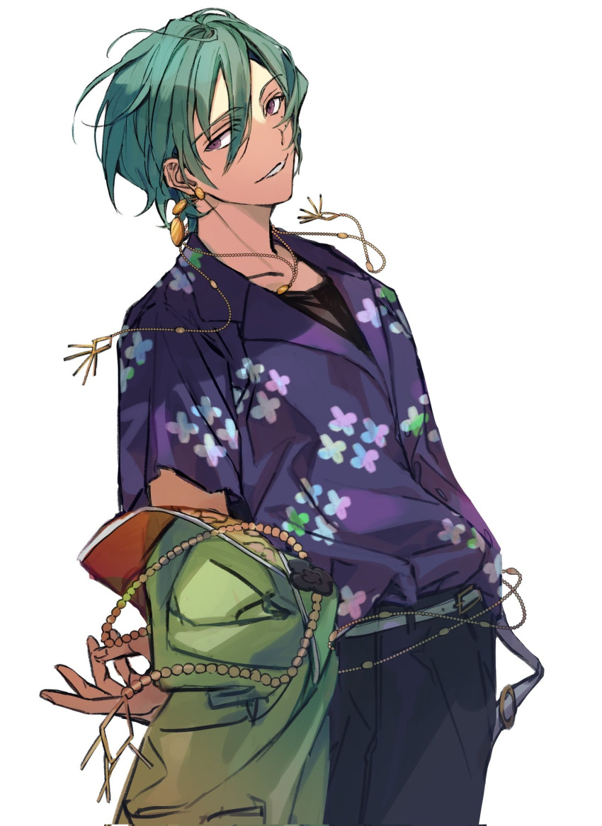 1boy, aqua_hair, belt, belt_buckle, buckle, commentary_request, earrings, ensemble_stars!, eyes_visible_through_hair, getto_spectacle_(ensemble_stars!), highres, jacket, jewelry, kazehaya_tatsumi, lapels, looking_at_viewer, male_focus, mole, mole_under_eye, necklace, notched_lapels, official_alternate_costume, setubigo, short_sleeves, simple_background, smile, solo, violet_eyes, white_background