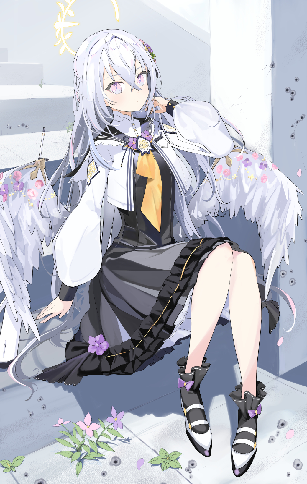 1girl, angel_wings, ankle_flower, azusa_(blue_archive), black_dress, black_ribbon, black_sailor_collar, black_socks, blue_archive, blush, closed_mouth, crescent_halo, crossed_bangs, dress, dress_flower, expressionless, feathered_wings, flower, frilled_dress, frilled_socks, frills, full_body, hair_between_eyes, hair_flower, hair_ornament, hair_ribbon, halo, highres, jacket, long_hair, long_sleeves, looking_at_viewer, loose_socks, low_wings, neck_ribbon, open_clothes, open_jacket, petticoat, pink_eyes, puffy_long_sleeves, puffy_sleeves, ribbon, sailor_collar, sawatoma, shoes, socks, solo, violet_eyes, white_footwear, white_hair, white_jacket, white_wings, wings, yellow_halo, yellow_ribbon