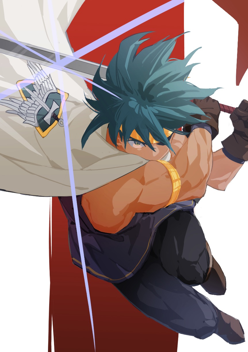 1boy, ajpp6, alvin_(dq10), aqua_eyes, aqua_hair, black_pants, black_tunic, boots, border, brown_footwear, brown_gloves, cape, commentary_request, covered_mouth, dragon_quest, dragon_quest_x, emblem, floating_cape, floating_hair, gloves, gold_armlet, gold_circlet, highres, holding, holding_sword, holding_weapon, incoming_attack, looking_at_viewer, male_focus, muscular, muscular_male, one_eye_in_shadow, pants, short_hair, solo, sword, tunic, weapon, white_border, white_cape