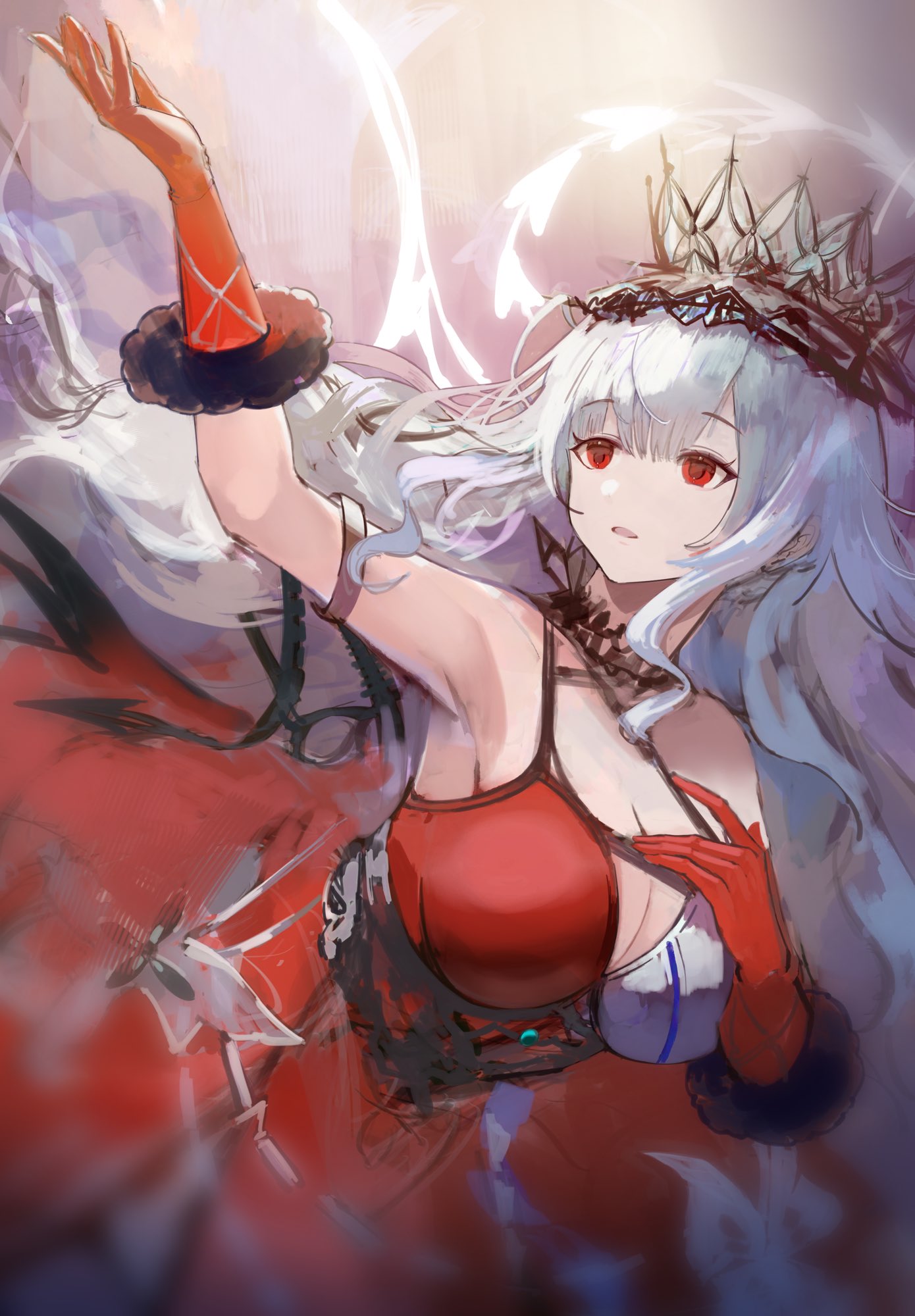 1girl, arknights, bare_shoulders, crown, dress, fur-trimmed_gloves, fur_trim, gloves