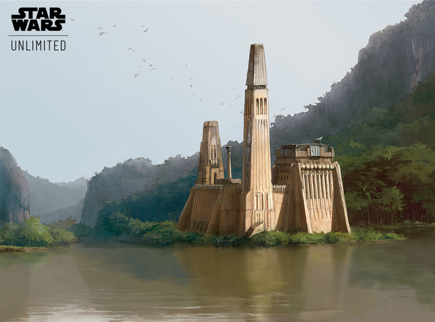 building, english_text, grey_sky, logo, no_humans, official_art, outdoors, rocio_espin_pinar, scenery, sky, star_wars, star_wars_unlimited, tree, water