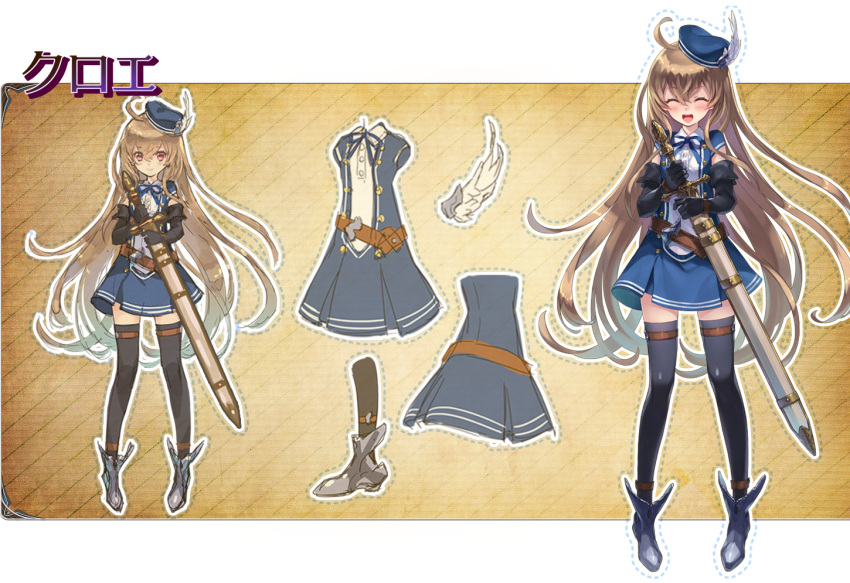 1girl, aged_down, ahoge, black_gloves, blue_dress, blue_ribbon, blue_skirt, brown_hair