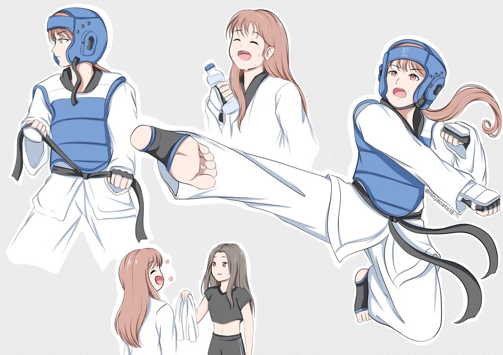 blue_helmet, chest_guard, chuu_(loona), dougi, helmet, high_kick, kicking, loona_(group)