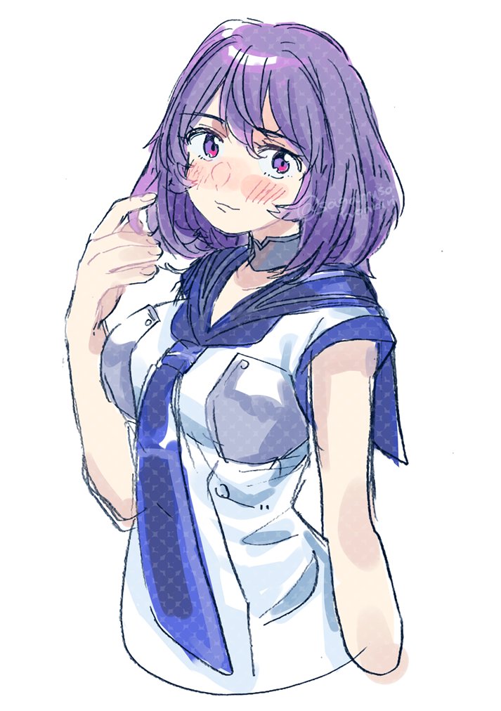 1girl, collar, dress, kantai_collection, lexington_(kancolle), looking_at_viewer, medium_hair, metal_collar, neckerchief, purple_hair, purple_neckerchief, purple_sailor_collar, sagamiso, sailor_collar, simple_background, smile, solo, upper_body, violet_eyes, white_background, white_dress