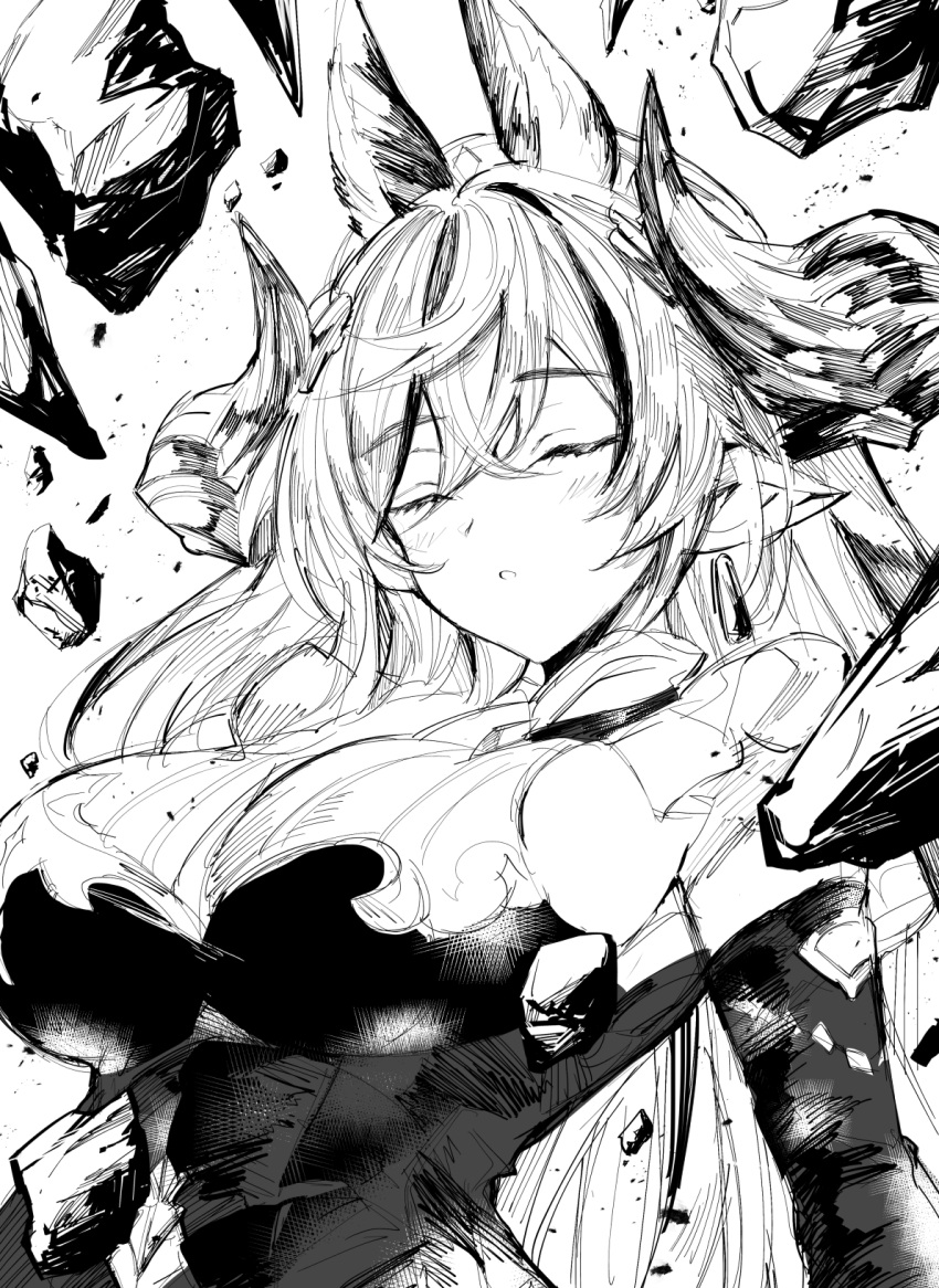 1girl, animal_ears, bare_shoulders, breasts, brown_horns, closed_eyes, detached_sleeves, extra_ears