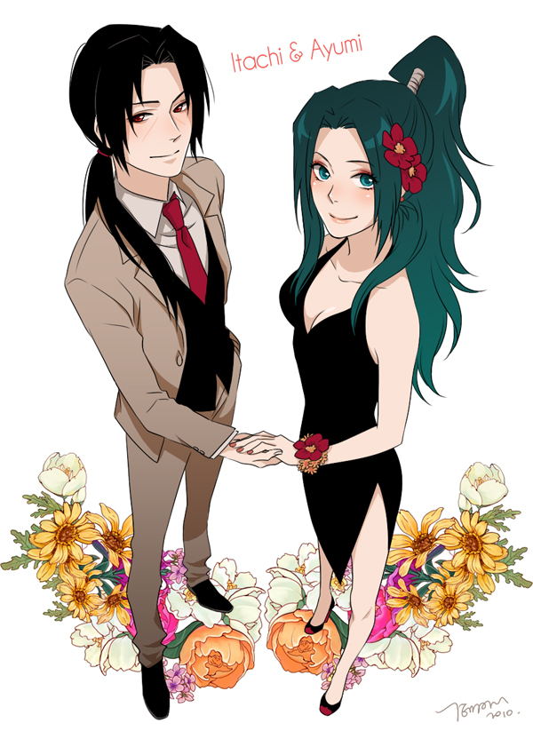 black_hair, corsage, flower, formal, from_above, green_hair, hair_flower, hair_ornament