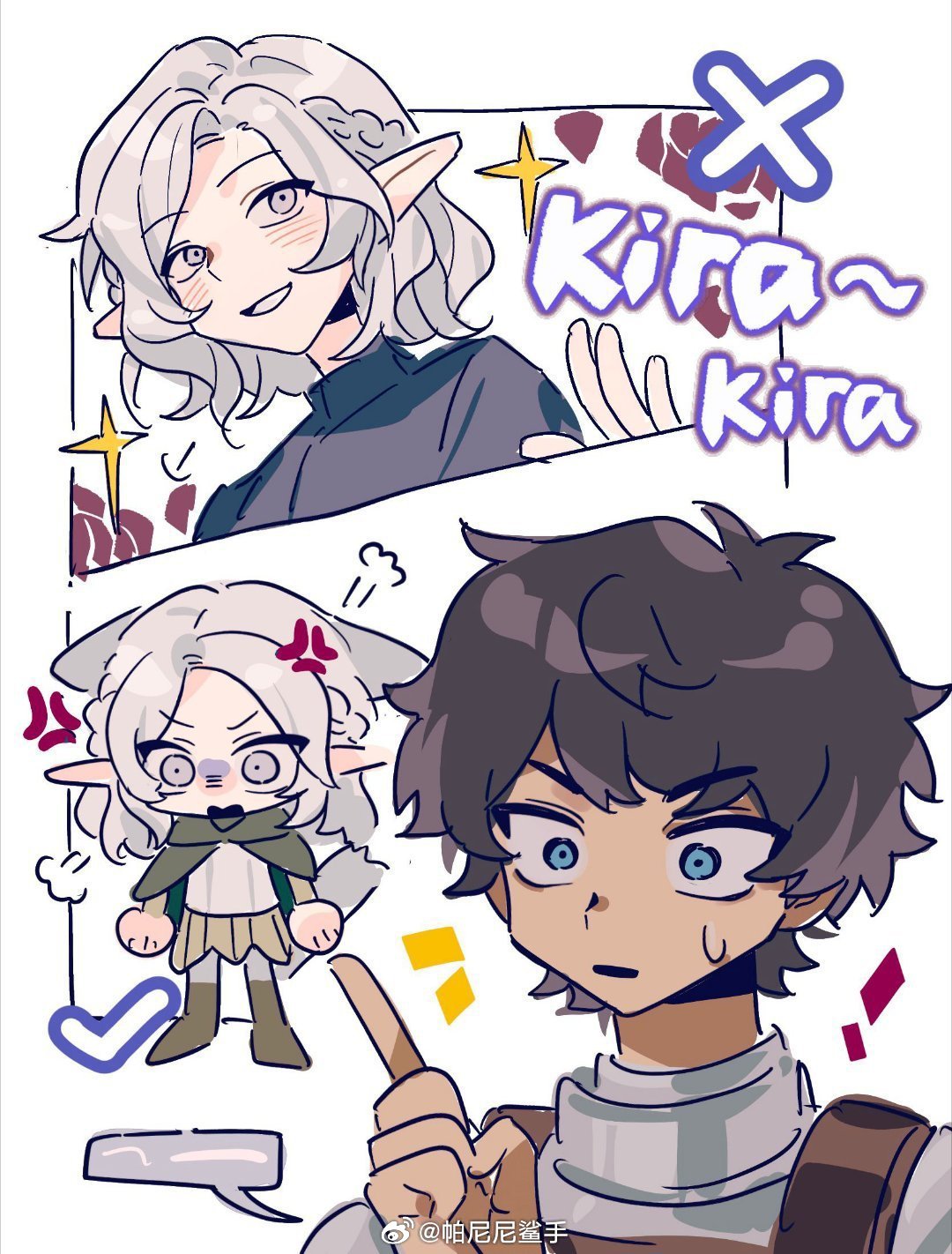 !, 2boys, anger_vein, animal_ears, artist_name, black_hair, blue_eyes, blush, chibi, chibi_inset, cloak, curly_hair, dark-skinned_male, dark_skin, dungeon_meshi, elf, grey_eyes, grey_hair, half_up_braid, highres, kabru, kemonomimi_mode, male_focus, medium_hair, mithrun, mithrun_(young), multiple_boys, multiple_views, panini_sha_shou, pointy_ears, shirt, short_hair, sparkle, sweatdrop, tail, tunic, wavy_hair, weibo_watermark, white_background