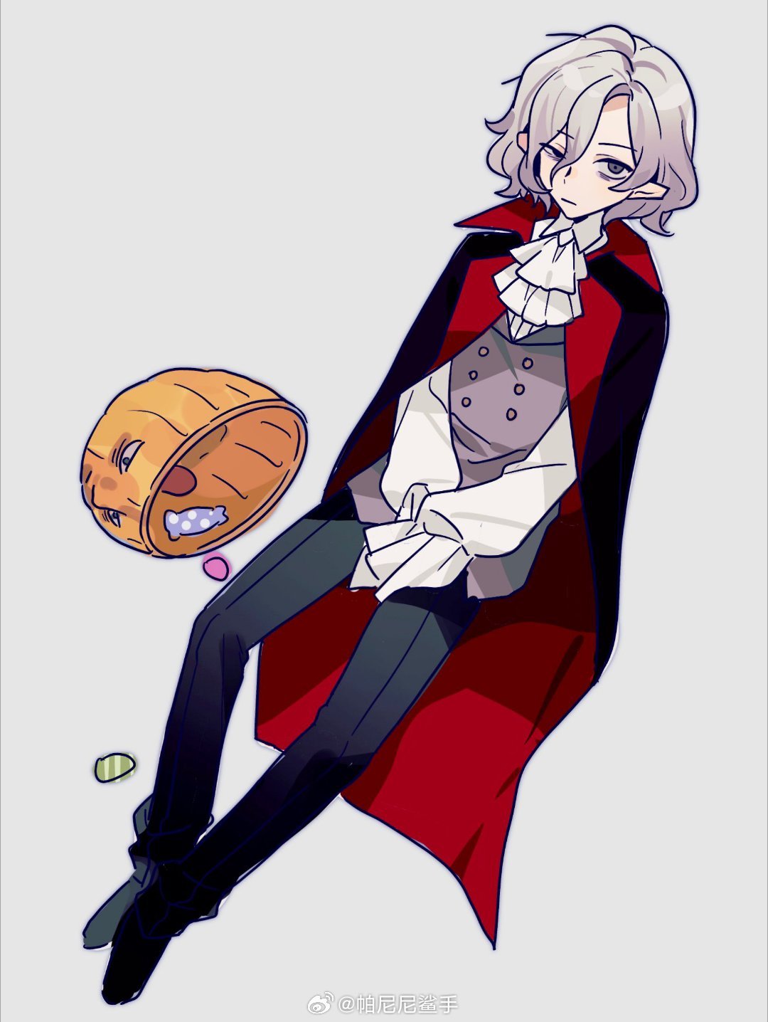 1boy, artist_name, ascot, bags_under_eyes, black_cape, black_pants, candy, cape, dungeon_meshi, elf, food, full_body, grey_background, grey_eyes, grey_hair, hair_between_eyes, halloween_bucket, highres, lazy_eye, long_sleeves, looking_at_viewer, male_focus, mithrun, notched_ear, official_alternate_costume, panini_sha_shou, pants, pointy_ears, red_cape, shirt, short_hair, simple_background, sitting, solo, two-tone_cape, uneven_eyes, vampire, vest, wavy_hair, weibo_watermark, white_shirt