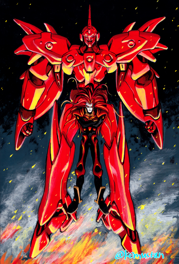1boy, acrylic_paint_(medium), bodysuit, commentary_request, crossed_arms, fire, floating, floating_hair