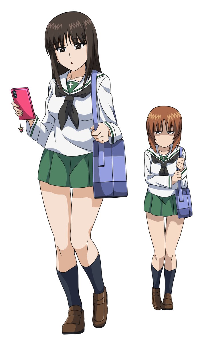 2girls, 9s0ykoyama117, black_socks, blunt_bangs, brown_hair, girls_und_panzer, holding, holding_phone
