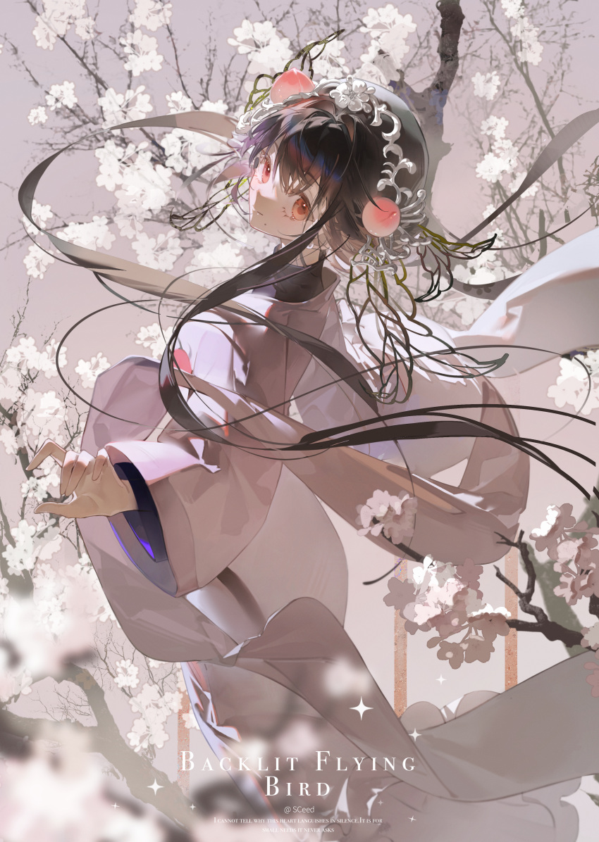1girl, absurdres, black_hair, blurry, blurry_foreground, cowboy_shot, dress, floating_hair, flower, from_side, futao_ping_(wuhua_mixin), grey_background, hair_ornament, highres, long_dress, long_hair, long_sleeves, looking_to_the_side, low_twintails, peach_hat_ornament, red_eyes, sceed, shawl, solo, tree, twintails, very_long_hair, white_dress, white_flower, white_shawl, wuhua_mixin
