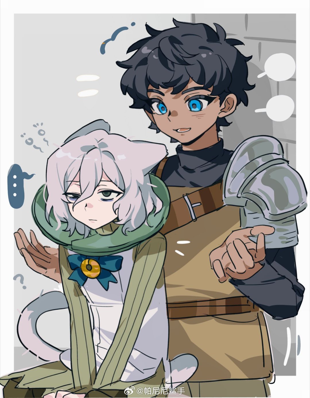 ..., 2boys, ?, animal_ears, armor, artist_name, bags_under_eyes, bell