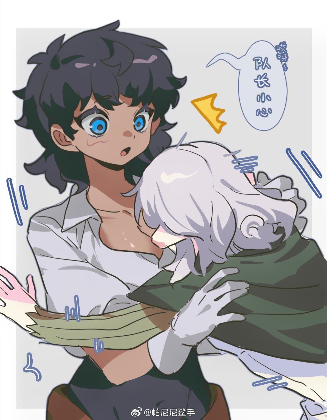 2girls, :o, artist_name, bags_under_eyes, black_hair, blue_eyes, chinese_commentary, chinese_text