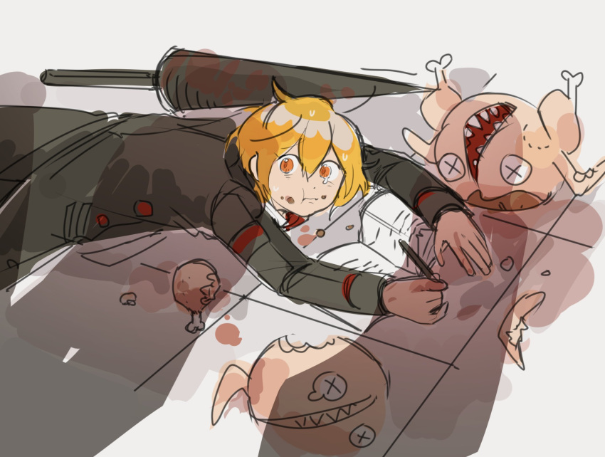 1girl, apu_spills_his_tendies_(meme), black_coat, blonde_hair, bongy_(project_moon), closed_mouth, coat, don_quixote_(project_moon)