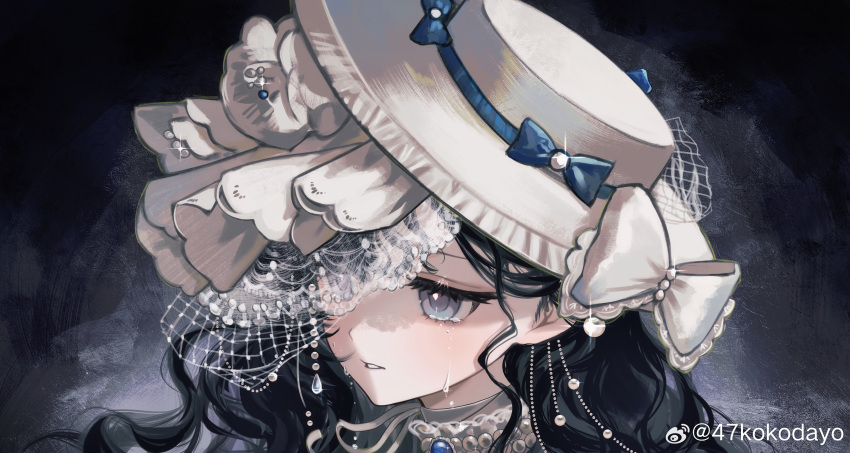 1girl, 47ko, absurdres, black_background, black_hair, blue_bow, blue_eyes, bow