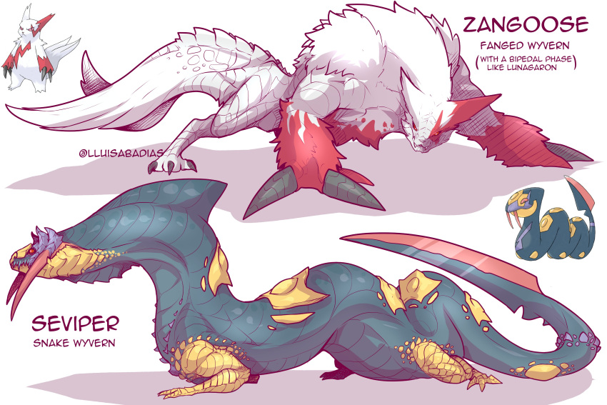 absurdres, claws, colored_sclera, fangs, highres, lluisabadias, monster, monster_hunter_(series), no_humans, pokemon, pokemon_(creature), red_eyes, seviper, simple_background, tail, tail_blade, white_fur, zangoose