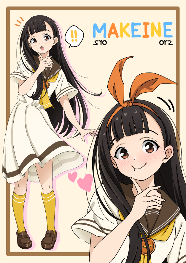 1girl, :t, black_hair, blunt_bangs, blush, bow, bow_hairband, brown_eyes