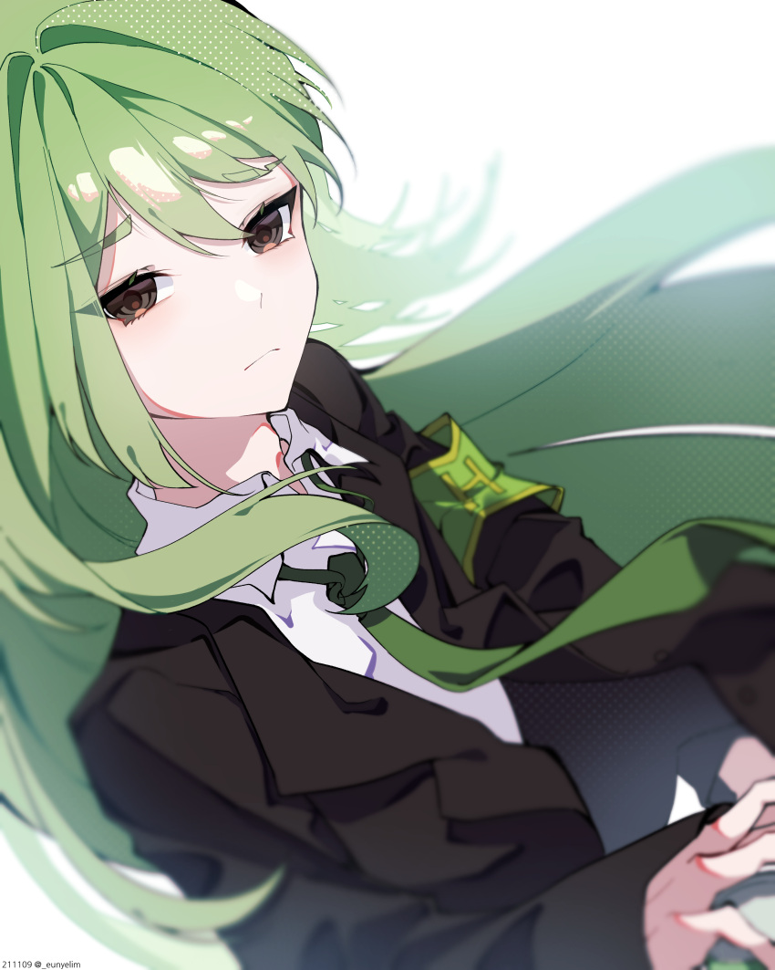 1boy, absurdres, armband, black_jacket, brown_eyes, closed_mouth, collared_shirt, eun_yelim, green_armband, green_hair, green_necktie, highres, jacket, lapels, lobotomy_corporation, long_hair, long_sleeves, looking_at_viewer, male_focus, necktie, netzach_(project_moon), notched_lapels, project_moon, shirt, sidelocks, simple_background, solo, very_long_hair, white_background, white_shirt