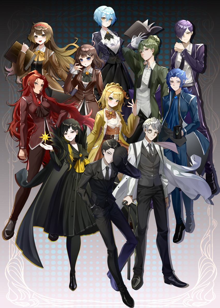 5boys, 6+girls, absurdres, ahoge, angela_(project_moon), ascot, binah_(project_moon), black_coat, black_dress, black_footwear, black_jacket, black_mask, black_pantyhose, black_sailor_collar, blue_hair, book, brown_coat, brown_hair, cane, chesed_(project_moon), closed_mouth, coat, coat_on_shoulders, collared_shirt, cup, dress, fan_zhongli_cangshu, frilled_sleeves, frills, full_body, gebura_(project_moon), gradient_hair, green_coat, green_eyes, green_hair, grey_necktie, grey_vest, hair_over_one_eye, hand_up, highres, hod_(project_moon), hokma_(project_moon), holding, holding_book, holding_cane, holding_cup, holding_mask, jacket, lapels, library_of_ruina, long_hair, long_sleeves, looking_at_viewer, malkuth_(project_moon), mask, medium_hair, mug, multicolored_hair, multiple_boys, multiple_girls, necktie, netzach_(project_moon), notched_lapels, open_mouth, pants, pantyhose, parted_bangs, ponytail, project_moon, purple_coat, purple_hair, red_jacket, red_pants, redhead, roland_(project_moon), sailor_collar, shirt, shoes, short_hair, sidelocks, smile, tiphereth_a_(project_moon), very_long_hair, vest, white_ascot, white_shirt, yellow_eyes, yesod_(project_moon)