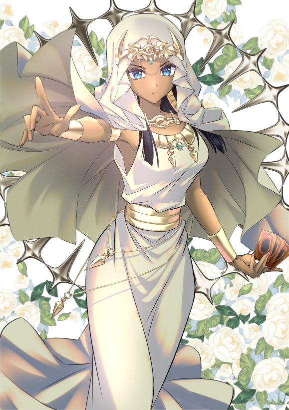 1girl, black_hair, blue_eyes, card, closed_mouth, commission, cowboy_shot, dark-skinned_female