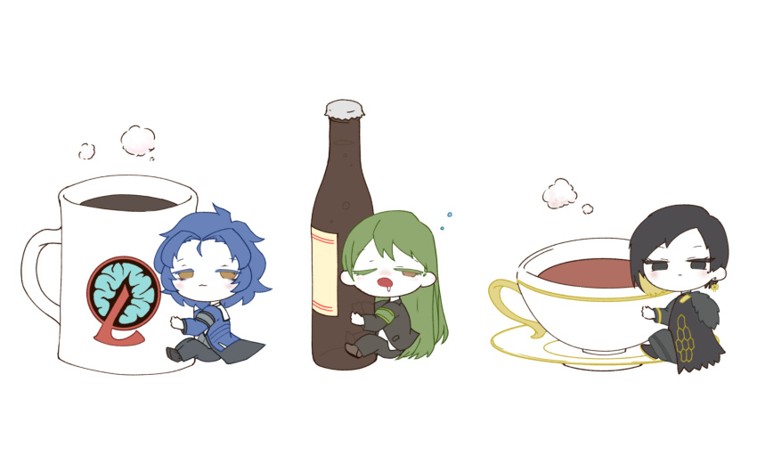 1girl, 2boys, alcohol, beer, binah_(project_moon), black_cape, black_eyes, black_hair, black_jacket, black_pants, blue_hair, cape, chesed_(project_moon), colored_inner_hair, cup, green_hair, highres, jacket, lobotomy_corporation, lobotomy_corporation_logo, long_hair, looking_at_viewer, mug, multicolored_hair, multiple_boys, netzach_(project_moon), nnnninzin0725, pants, project_moon, short_hair, simple_background, sitting, teacup, very_long_hair, white_background