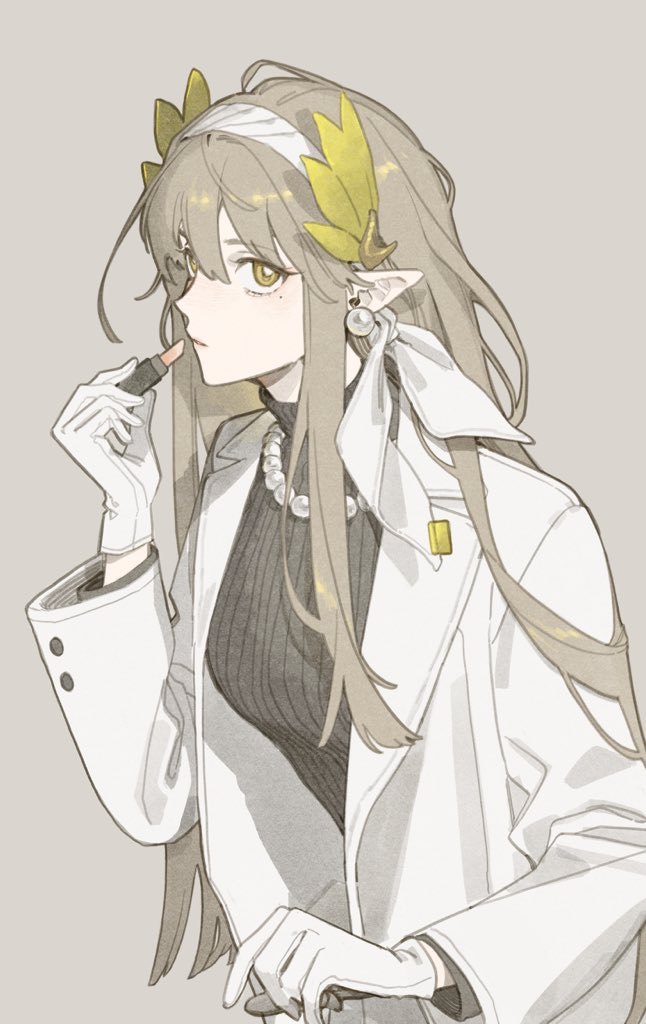 1girl, arknights, black_sweater, coat, collared_coat, earrings, elf, from_side